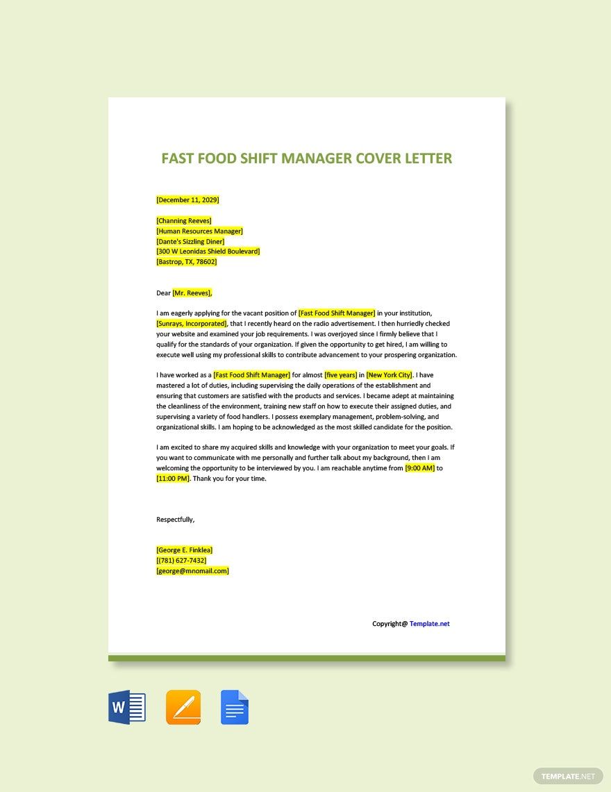 Free Fast Food Shift Manager Cover Letter in Word, Google Docs, PDF, Apple Pages