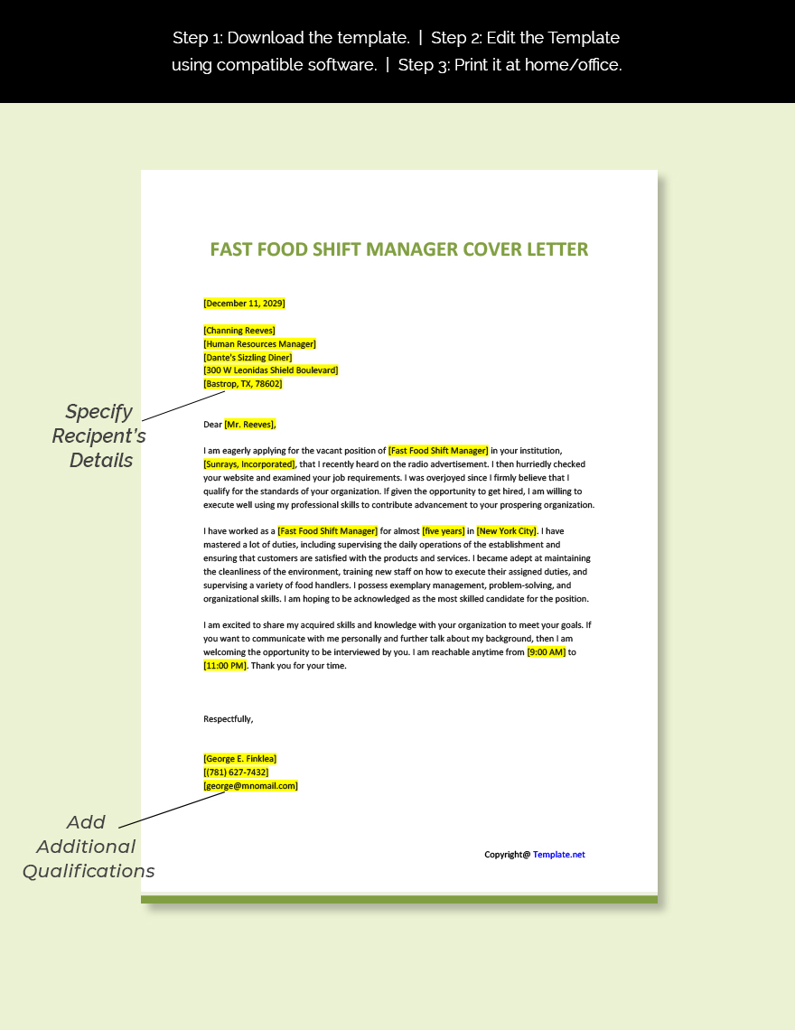 Fast Food Shift Manager Cover Letter