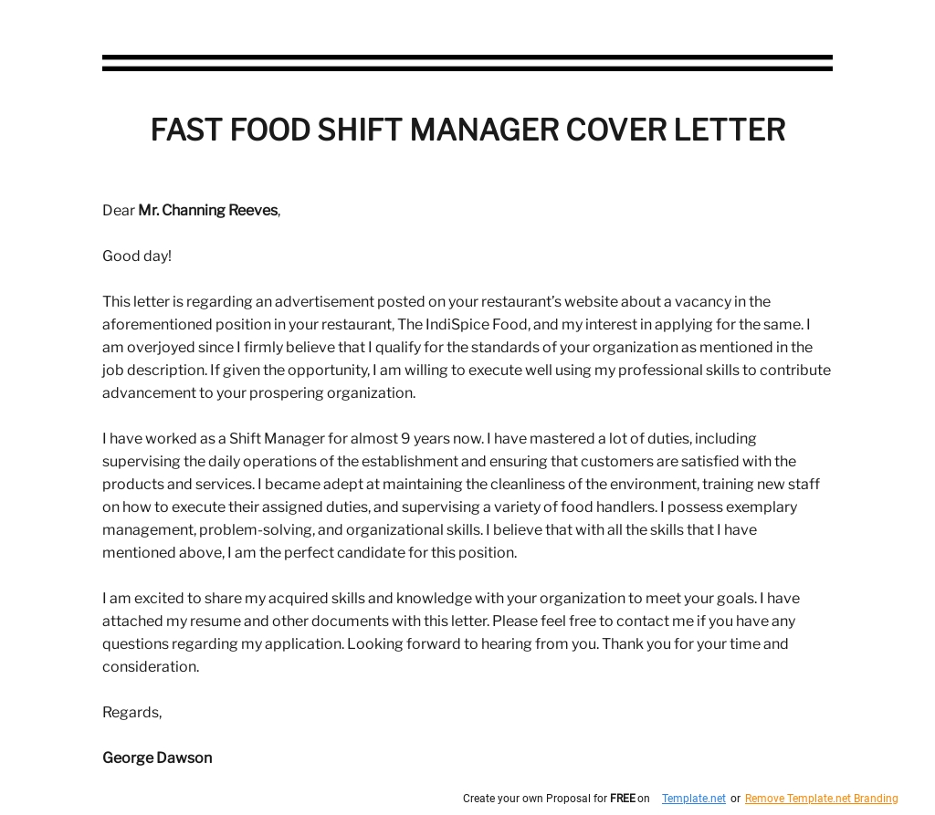 Free Fast Food Shift Manager Cover Letter Template.jpe