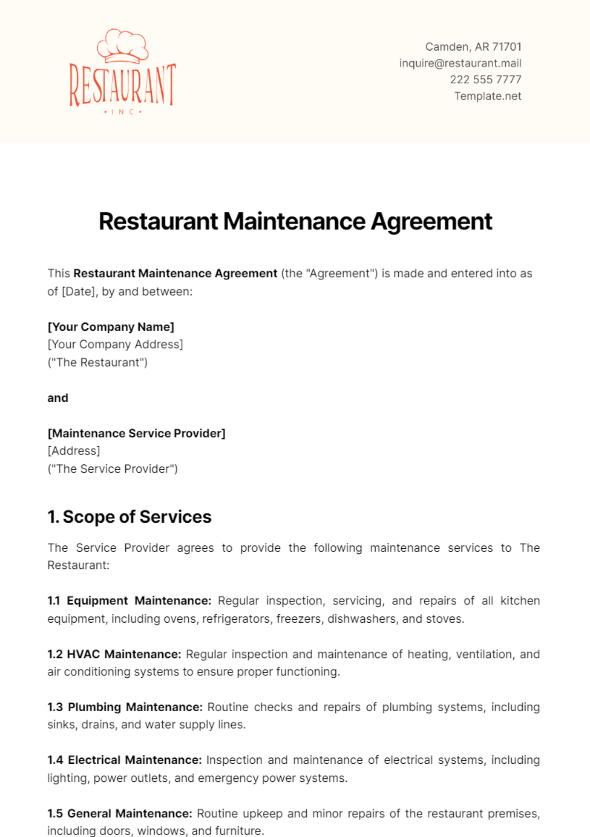 Restaurant Maintenance Agreement Template