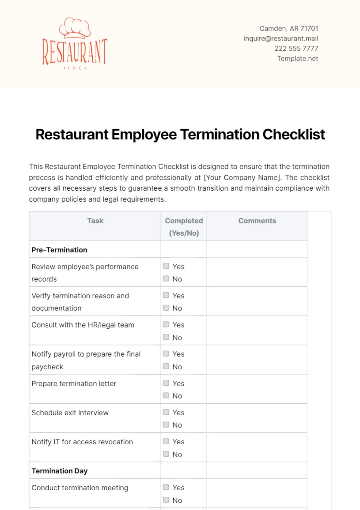 Restaurant Employee Termination Checklist Template