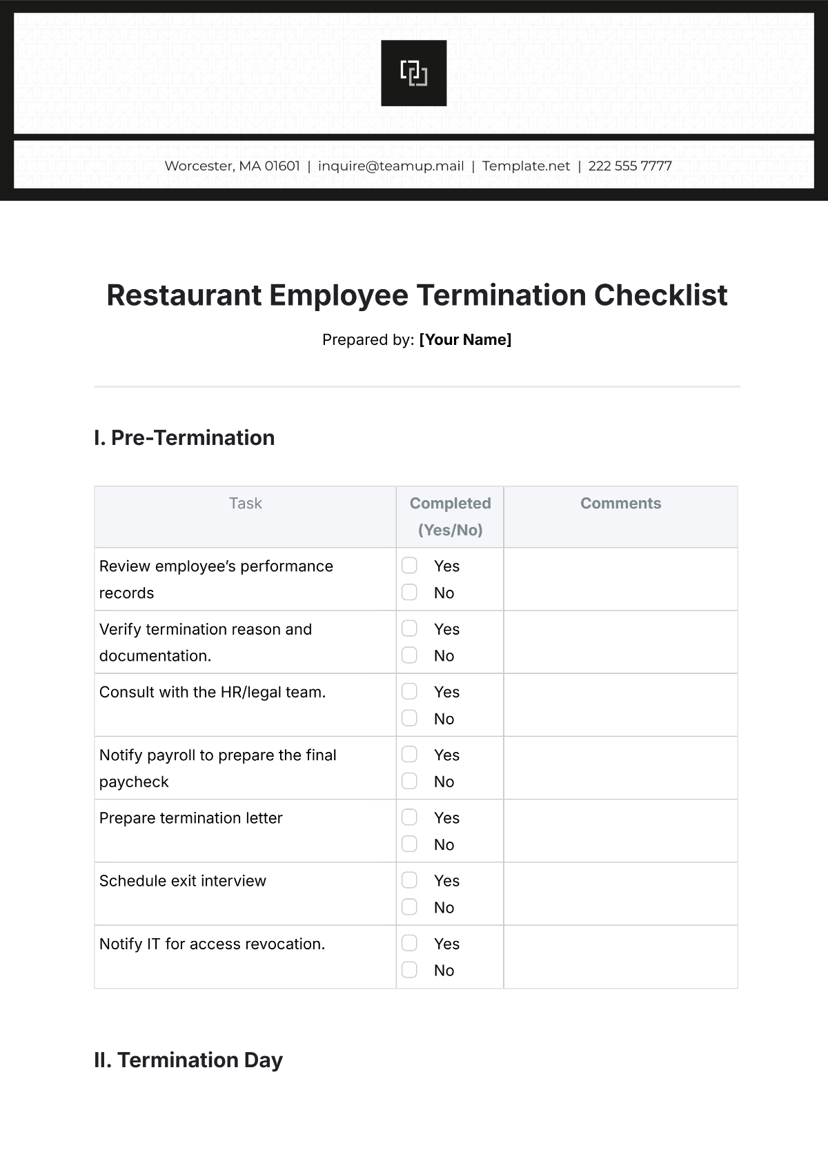 Restaurant Employee Termination Checklist Template