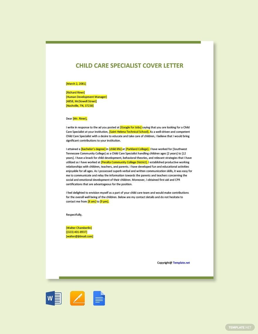 Free Child Care Specialist Cover Letter Template