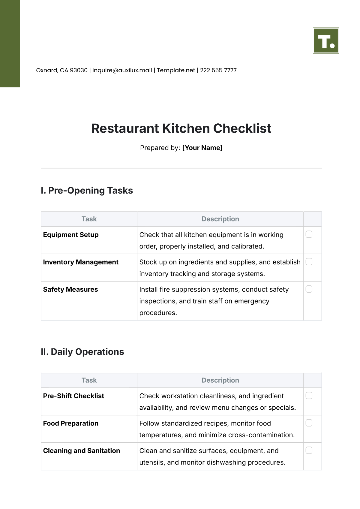 Restaurant Kitchen Checklist Template - Edit Online & Download