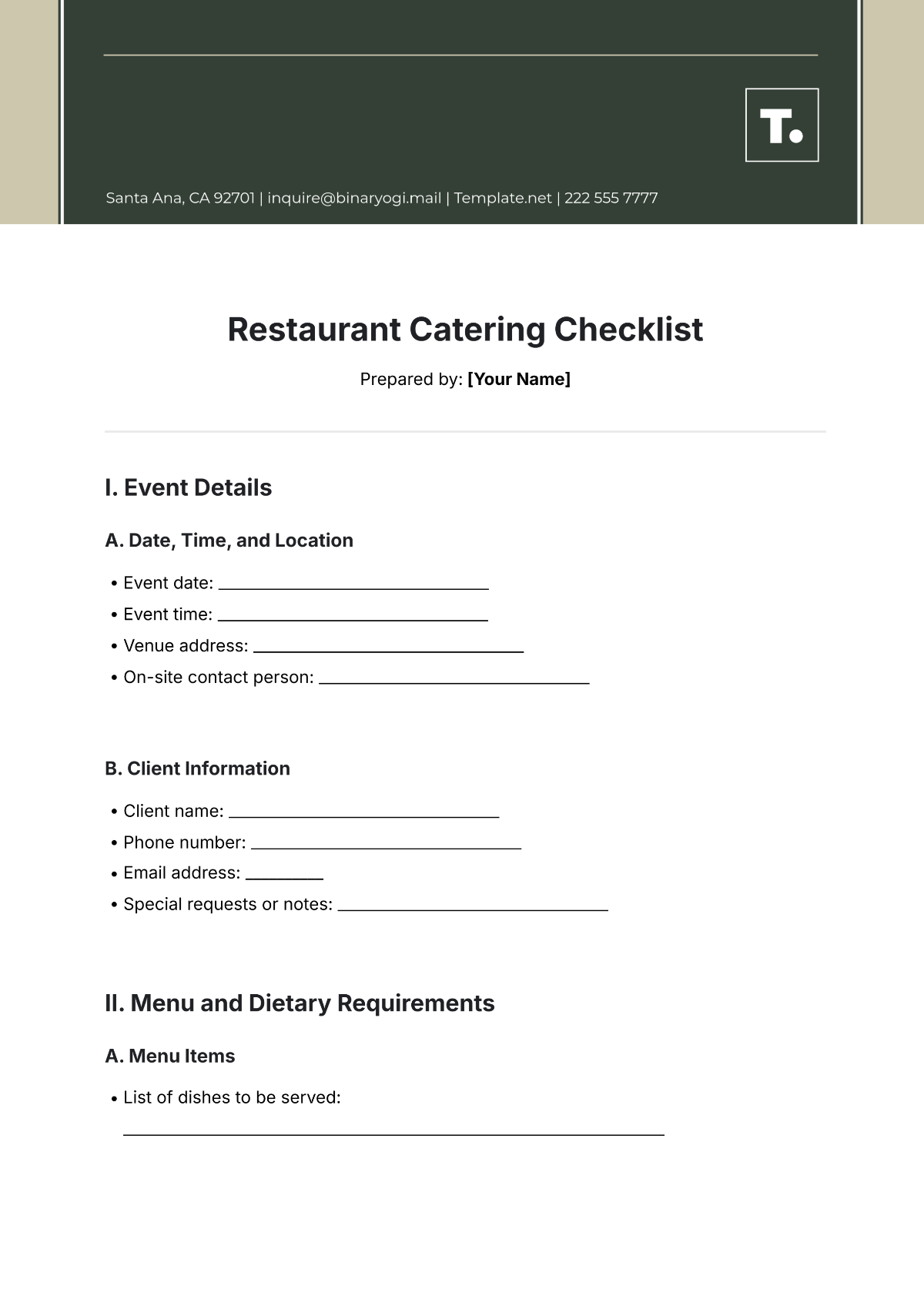 Restaurant Catering Checklist Format Template - Edit Online & Download