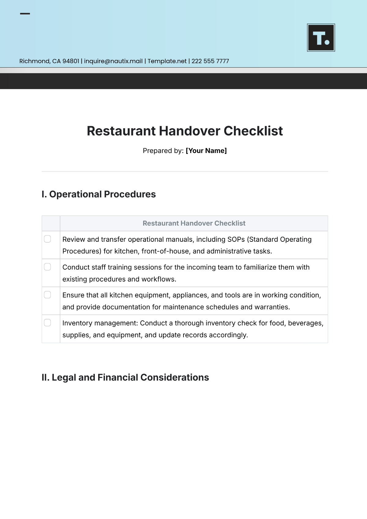 Restaurant Handover Checklist Template