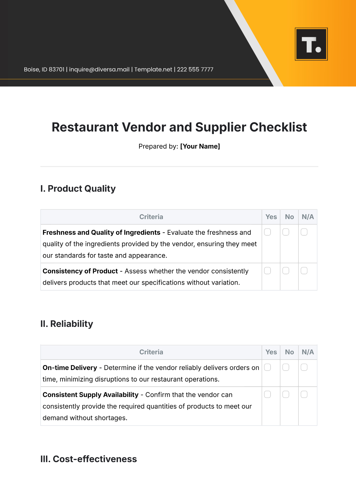 Restaurant Vendor and Supplier Checklist Template