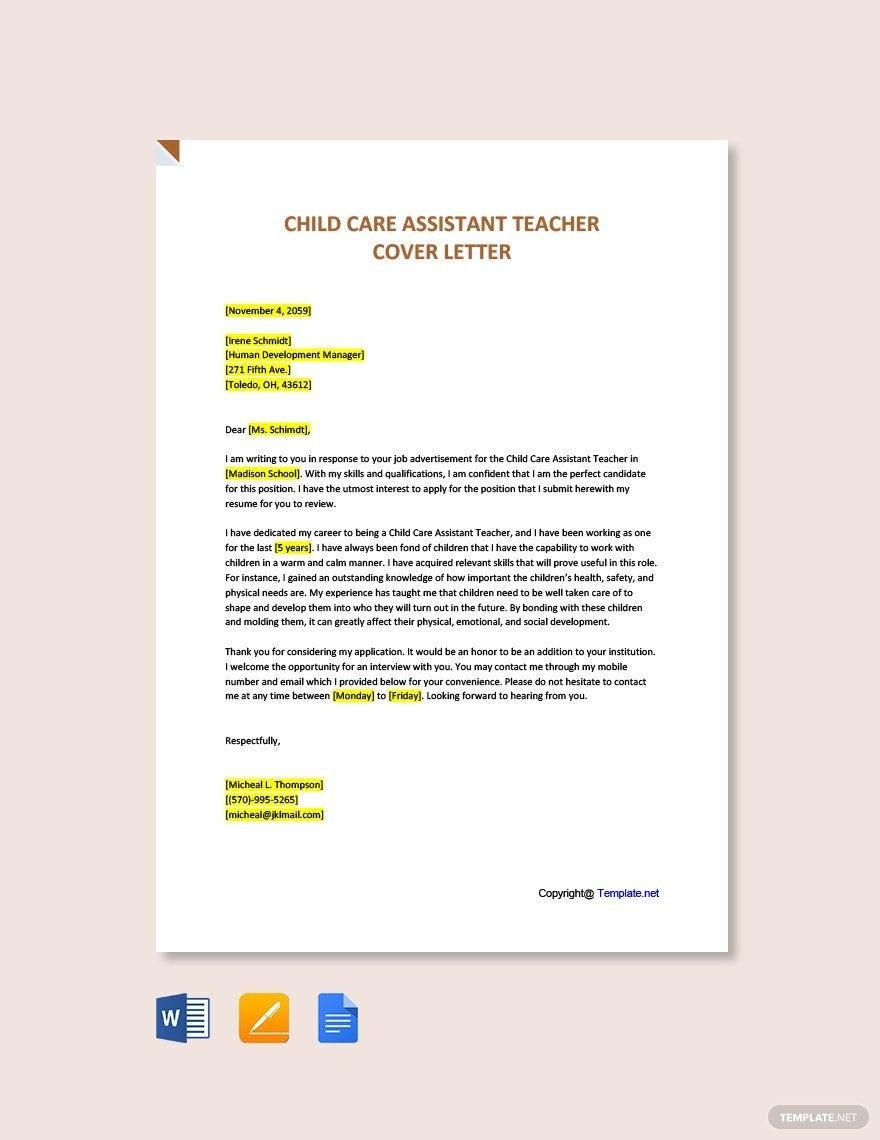 Child Care Assistant Teacher Cover Letter Template