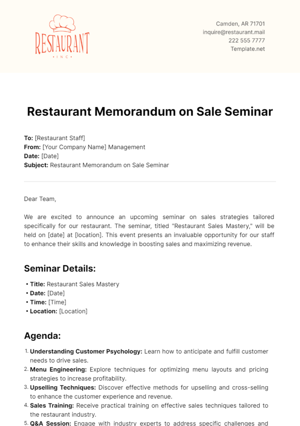 Restaurant Memorandum on Sale Seminar Template - Edit Online & Download