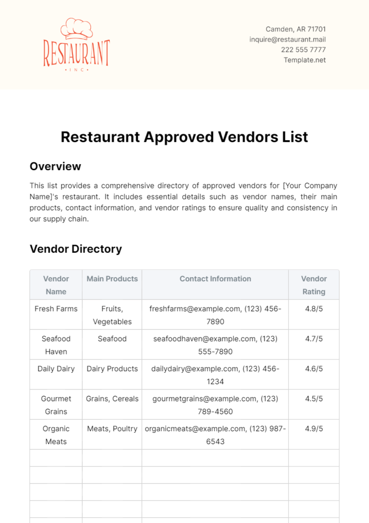 Restaurant Approved Vendors List Template - Edit Online & Download