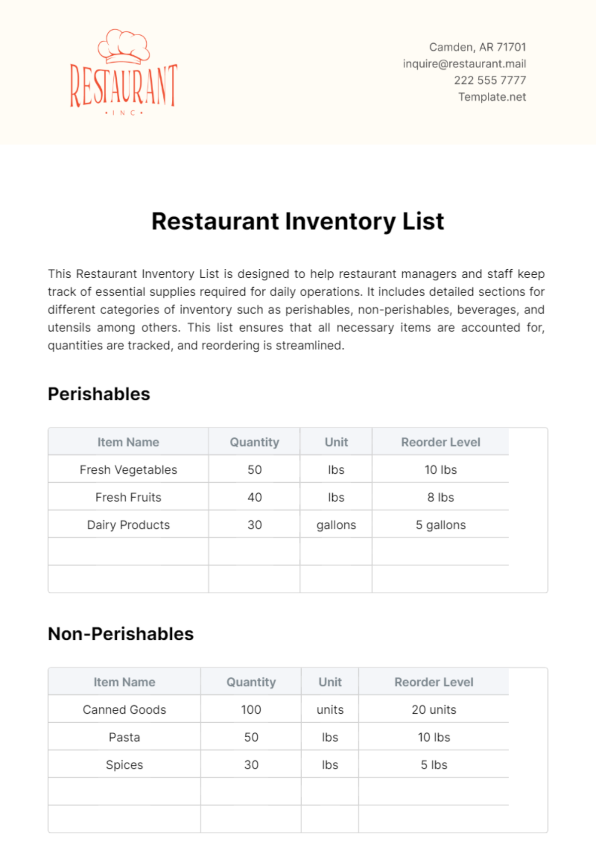 Restaurant Inventory List Template - Edit Online & Download