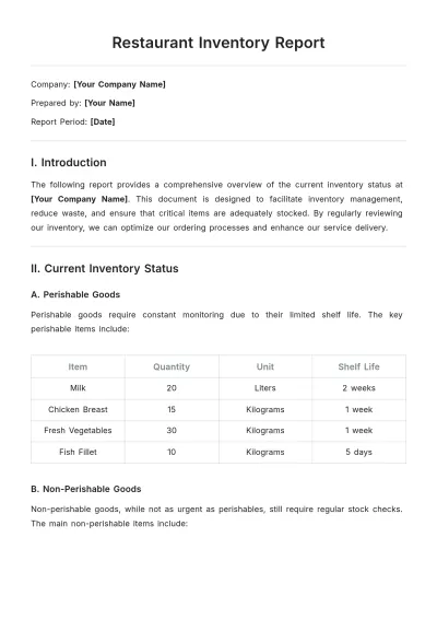 Free Restaurant Inventory Report Template to Edit Online
