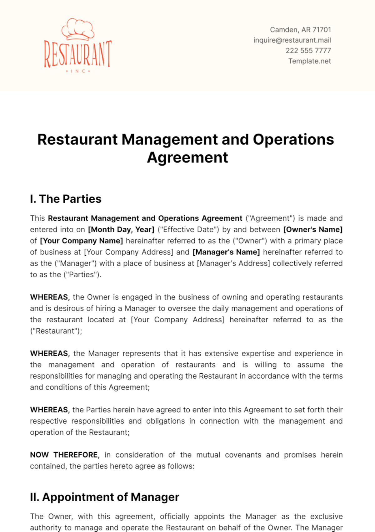 Restaurant Management and Operations Agreement Template - Edit Online & Download