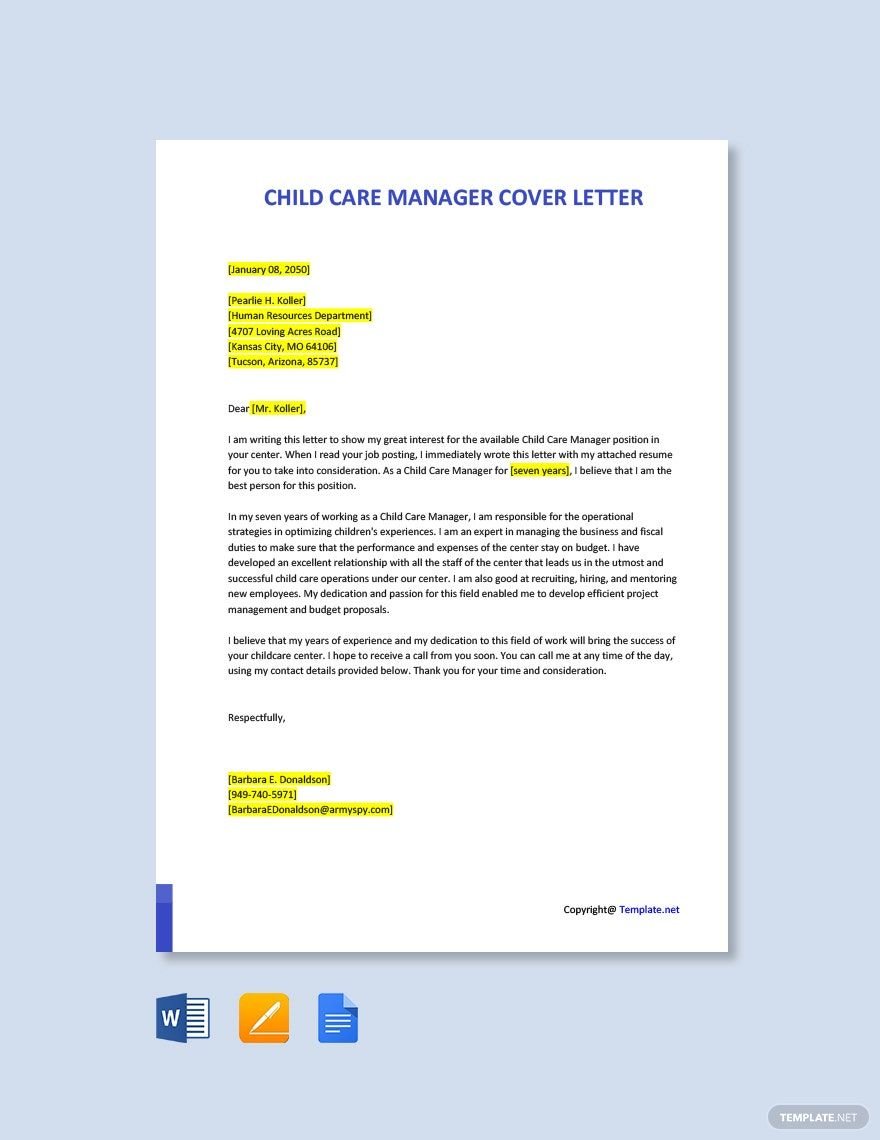 Child Care Manager Cover Letter Template