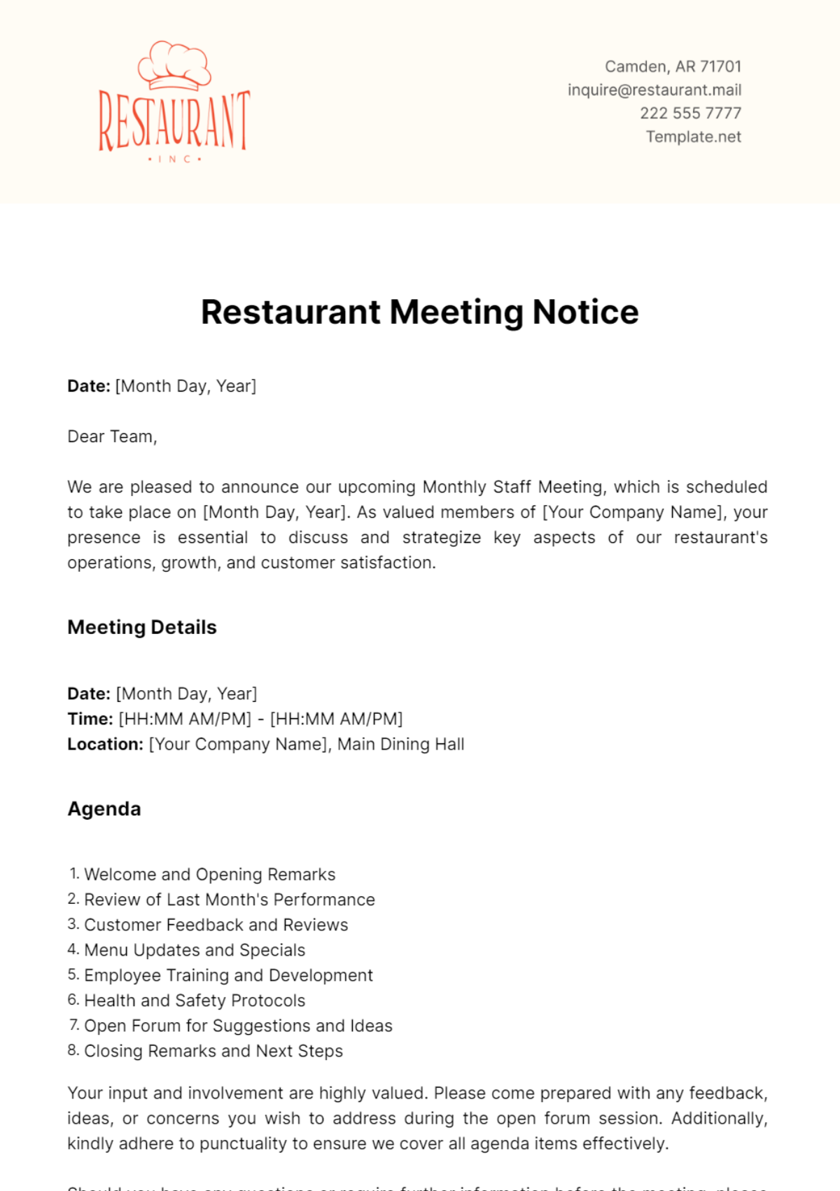 Free Restaurant Meeting Notice Template