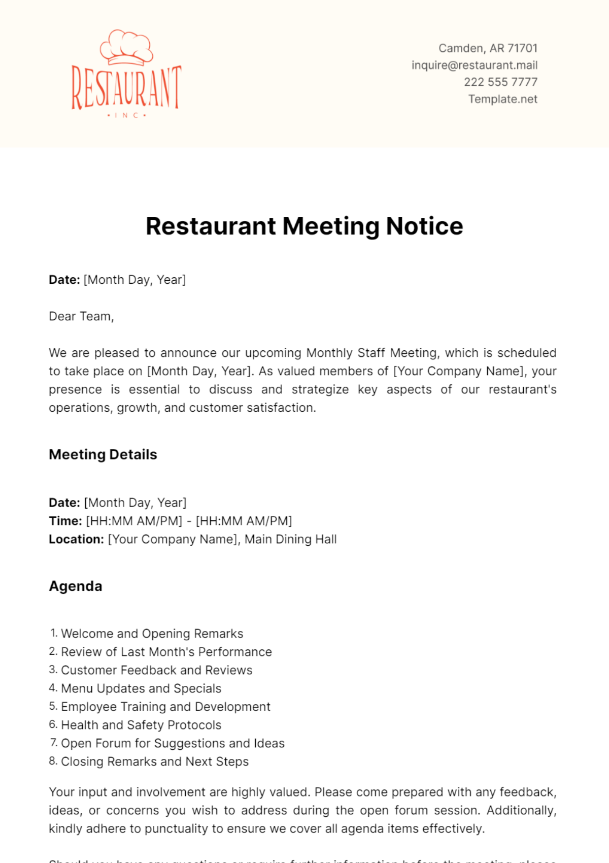 Restaurant Meeting Notice Template - Edit Online & Download