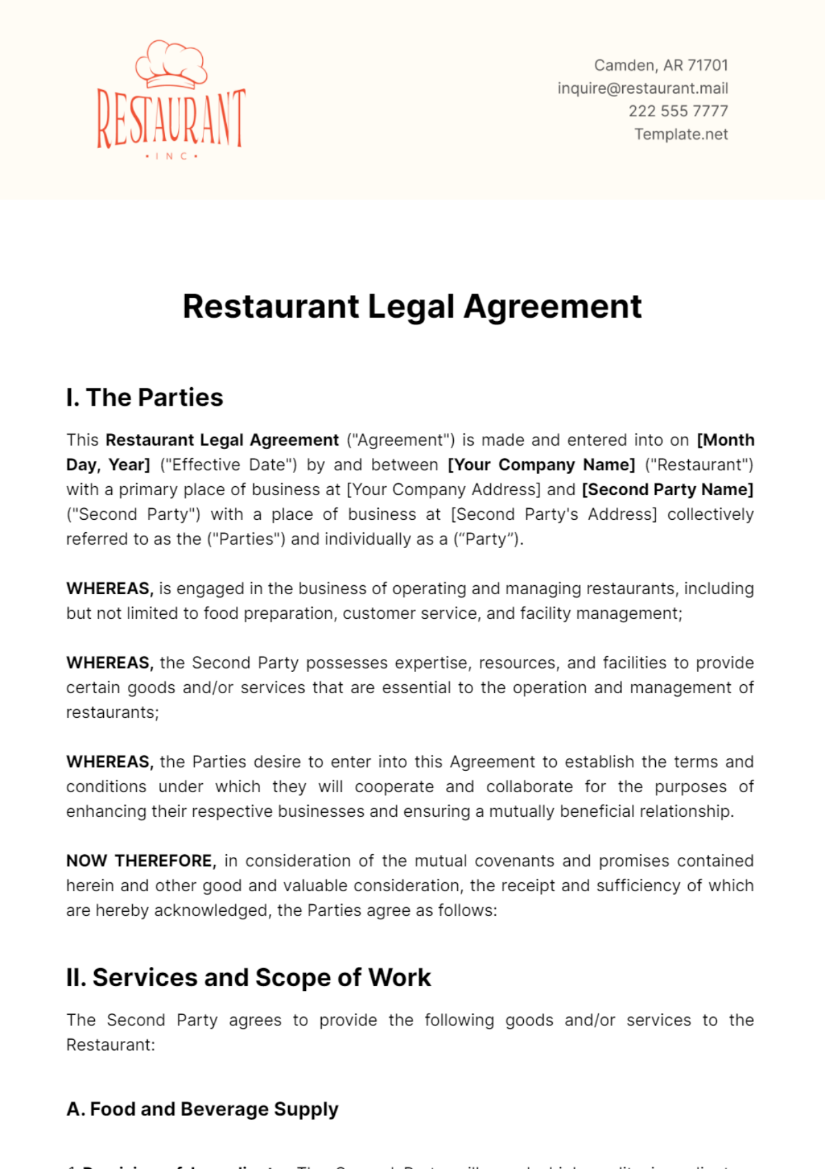 Restaurant Legal Agreement Template - Edit Online & Download