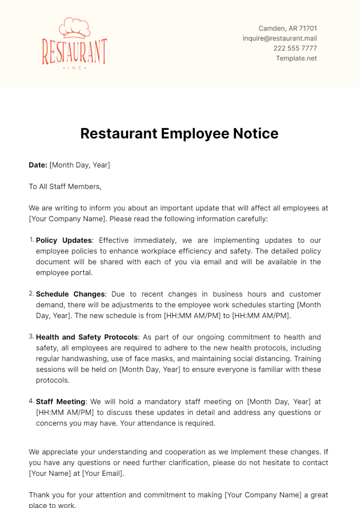 Restaurant Employee Notice Template
