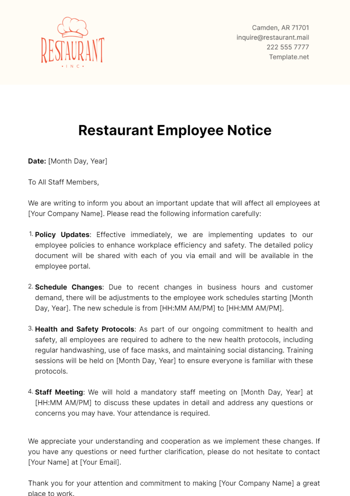 Restaurant Employee Notice Template - Edit Online & Download