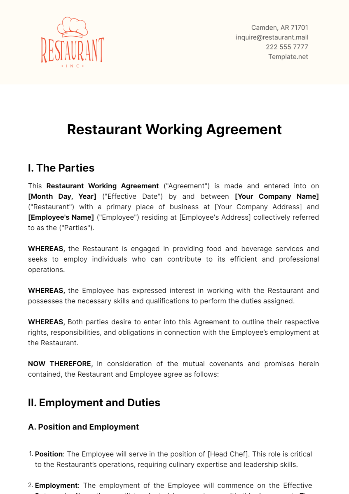 Restaurant Working Agreement Template - Edit Online & Download