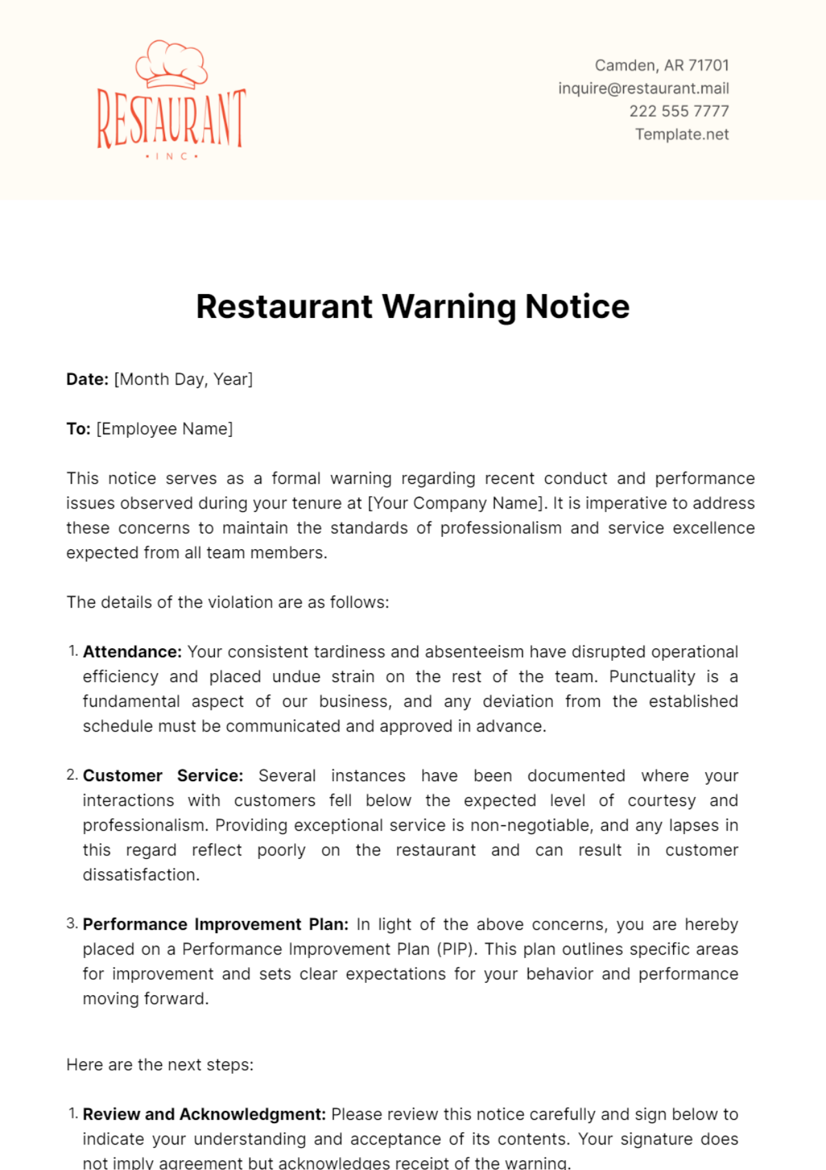 Free Restaurant Warning Notice Template