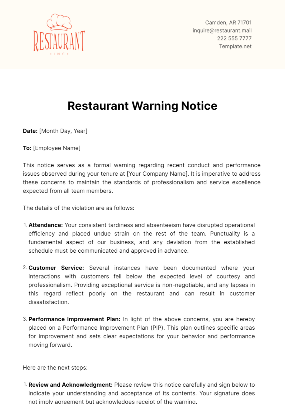 Restaurant Warning Notice Template - Edit Online & Download