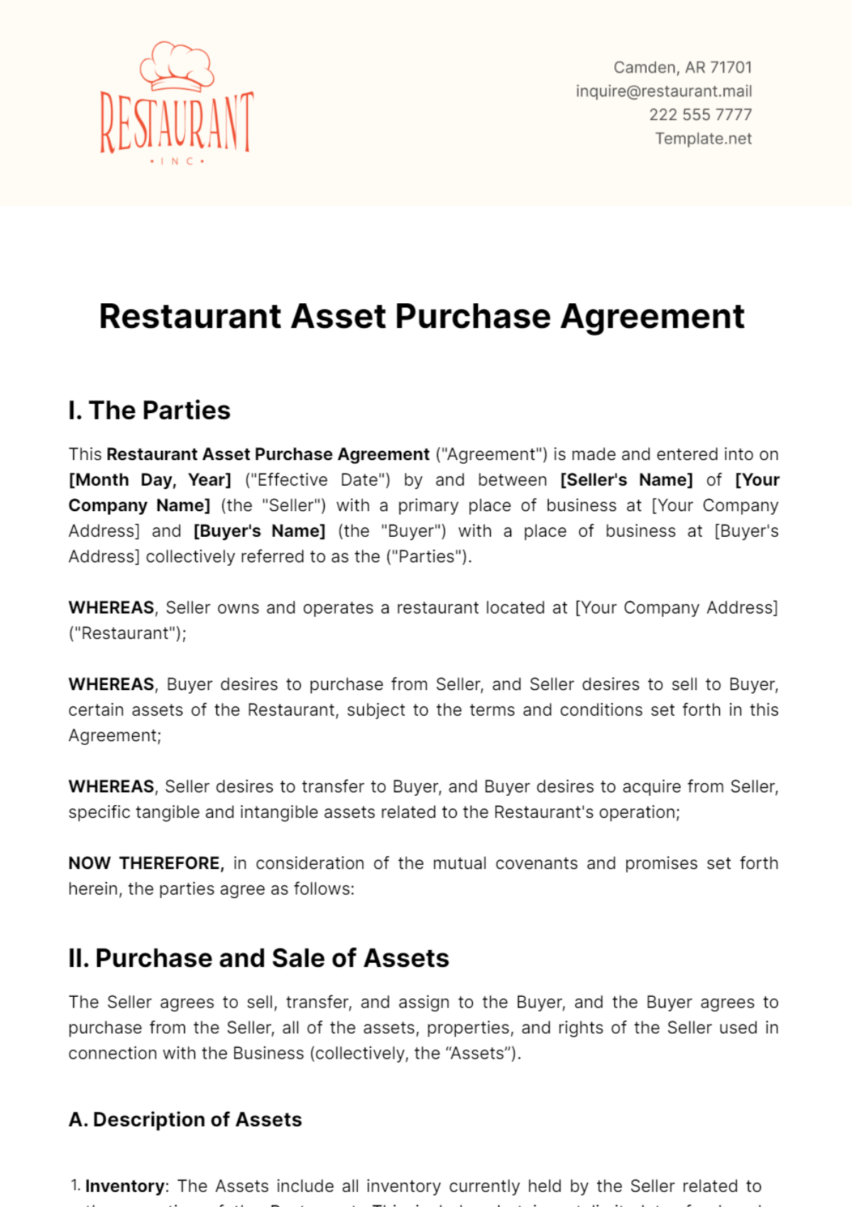 Restaurant Asset Purchase Agreement Template