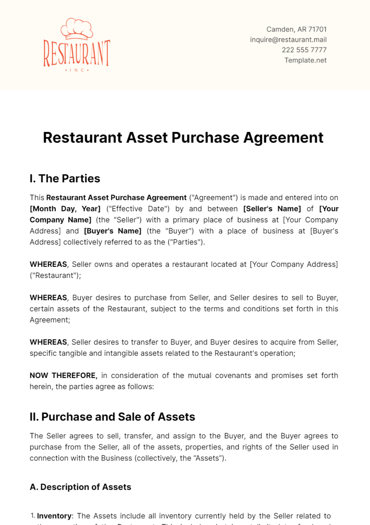 Restaurant Asset Purchase Agreement Template - Edit Online & Download