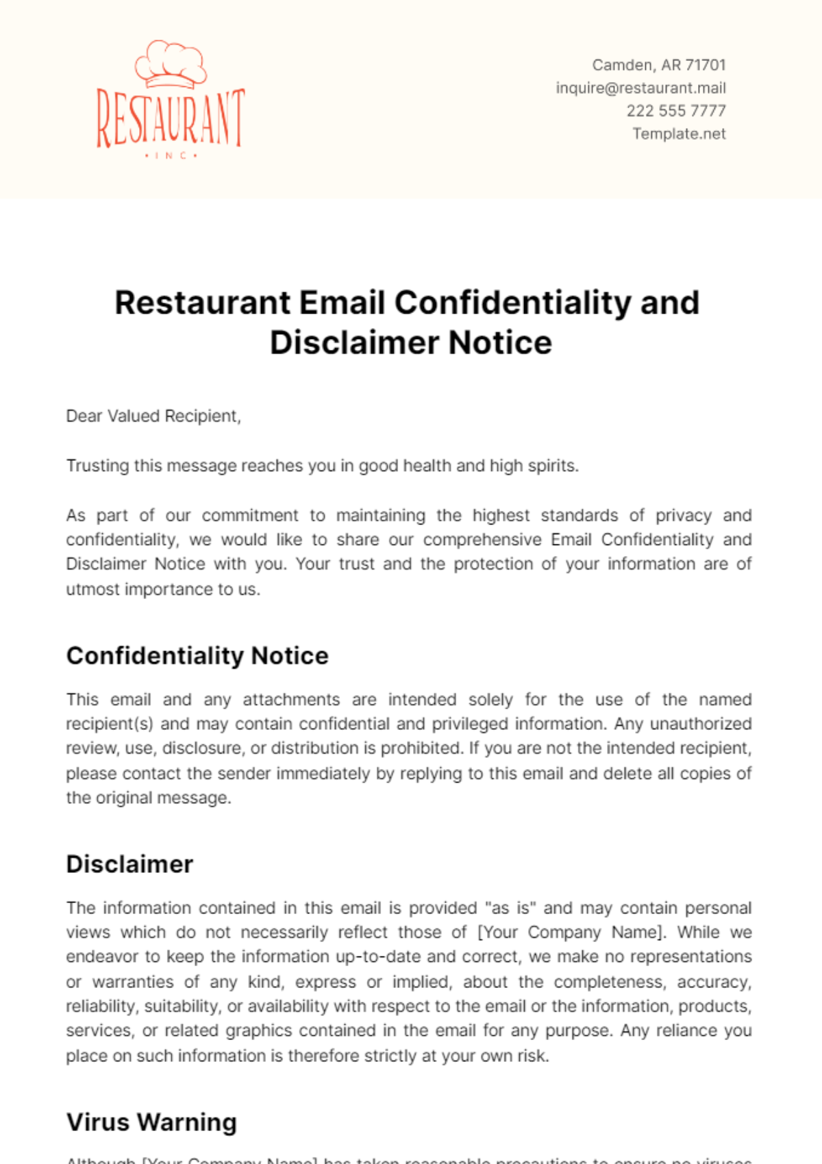 Free Restaurant Email Confidentiality and Disclaimer Notice Template