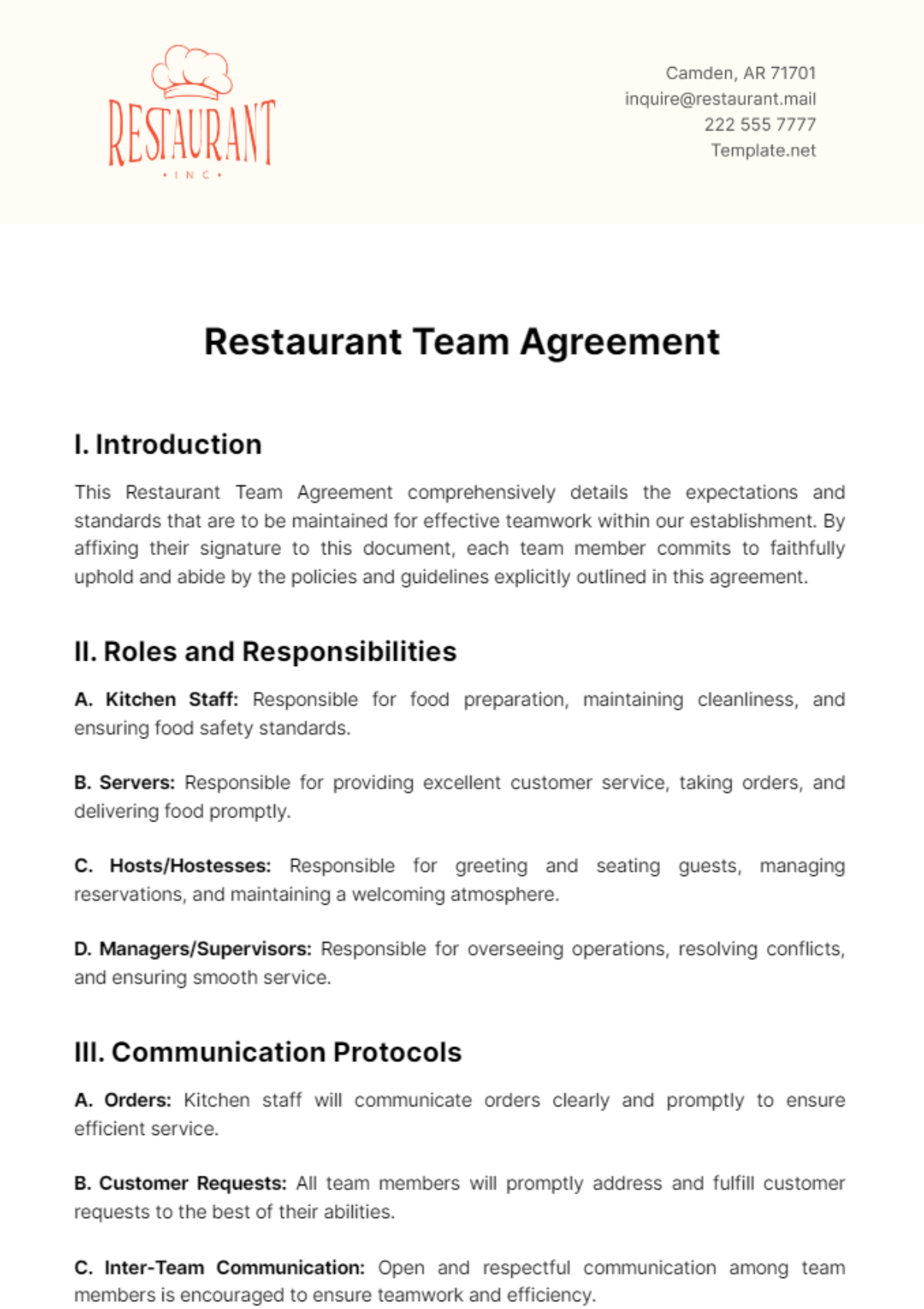 Restaurant Team Agreement Template