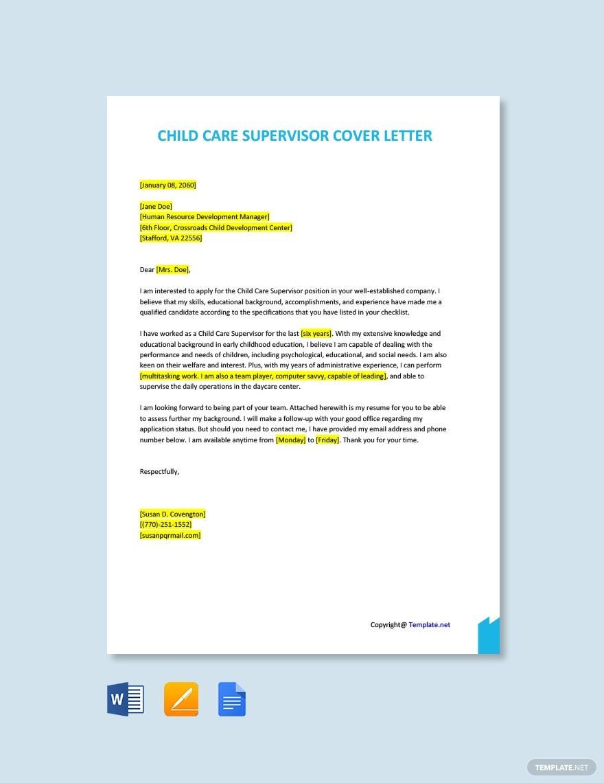 Child Care Supervisor Cover Letter