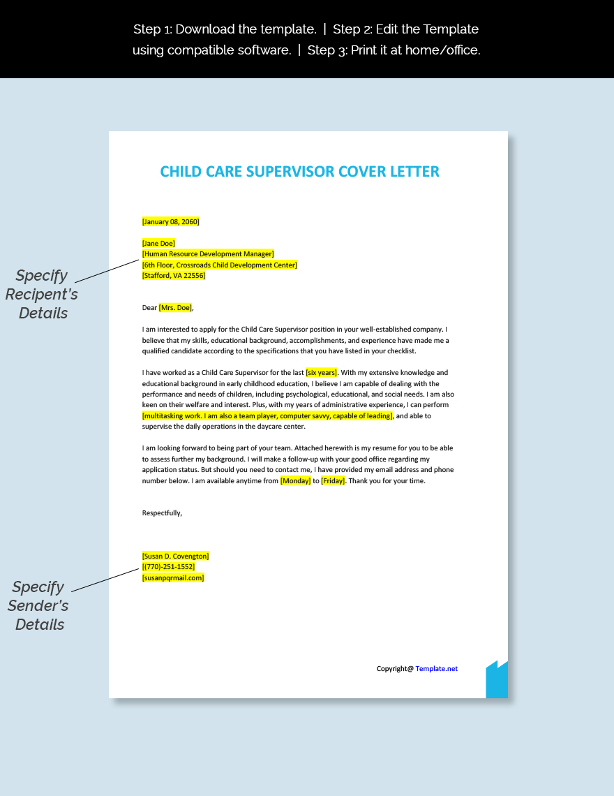 Child Care Supervisor Cover Letter Template
