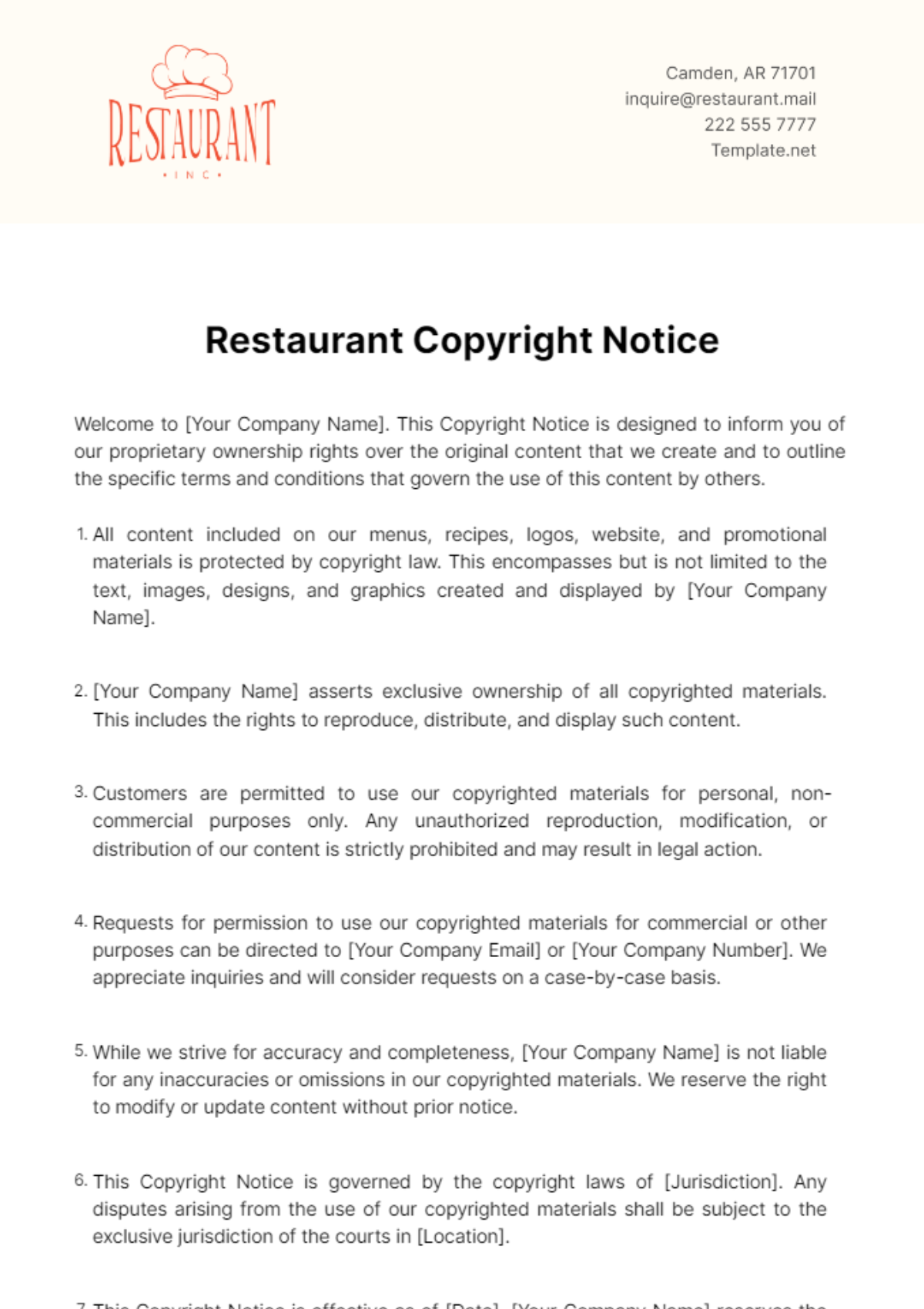 Free Restaurant Copyright Notice Template