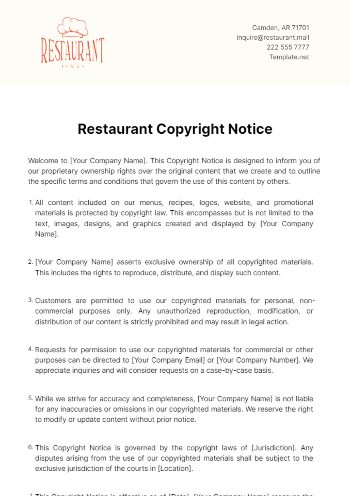 Restaurant Copyright Notice Template - Edit Online & Download