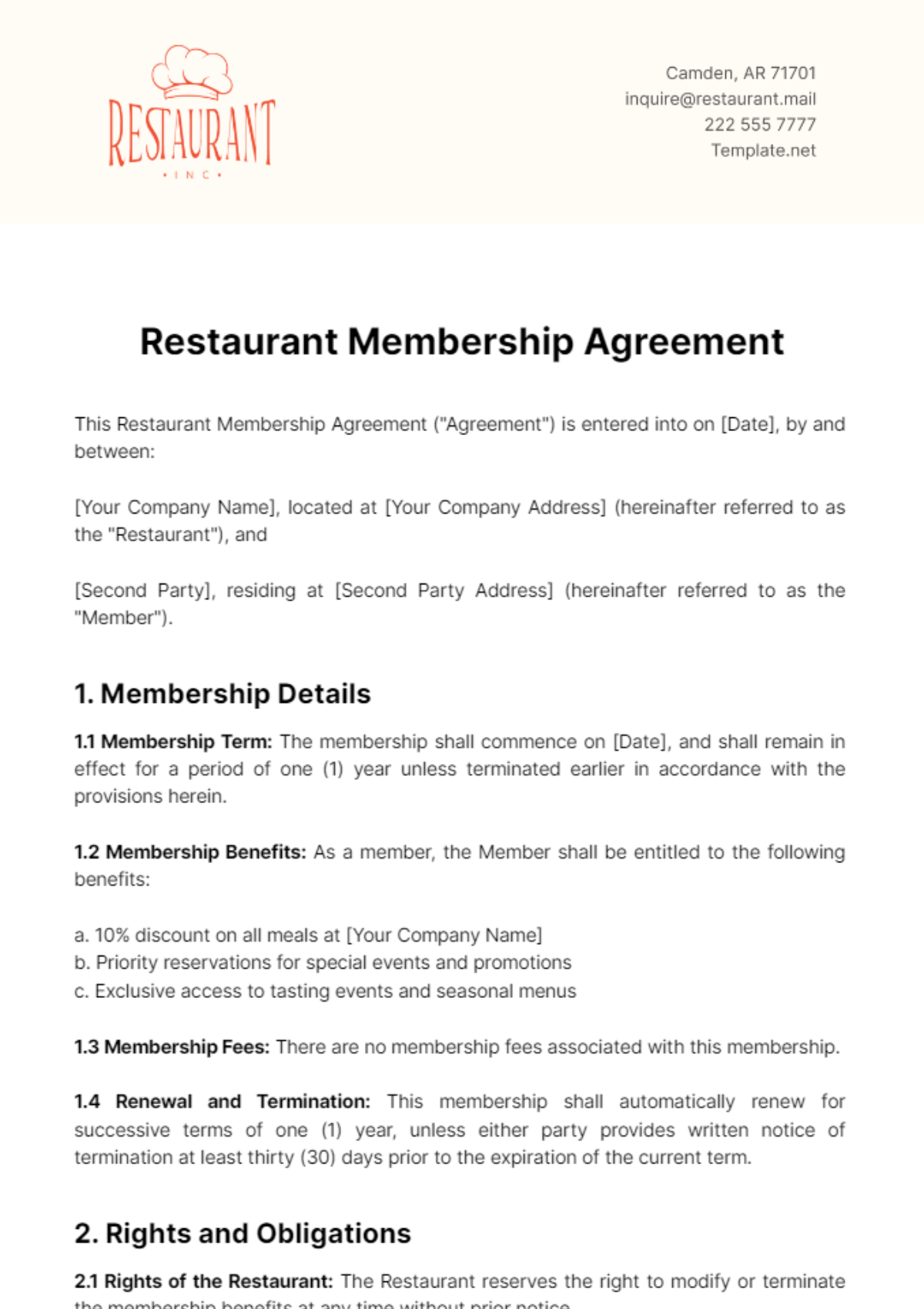 Restaurant Membership Agreement Template - Edit Online & Download