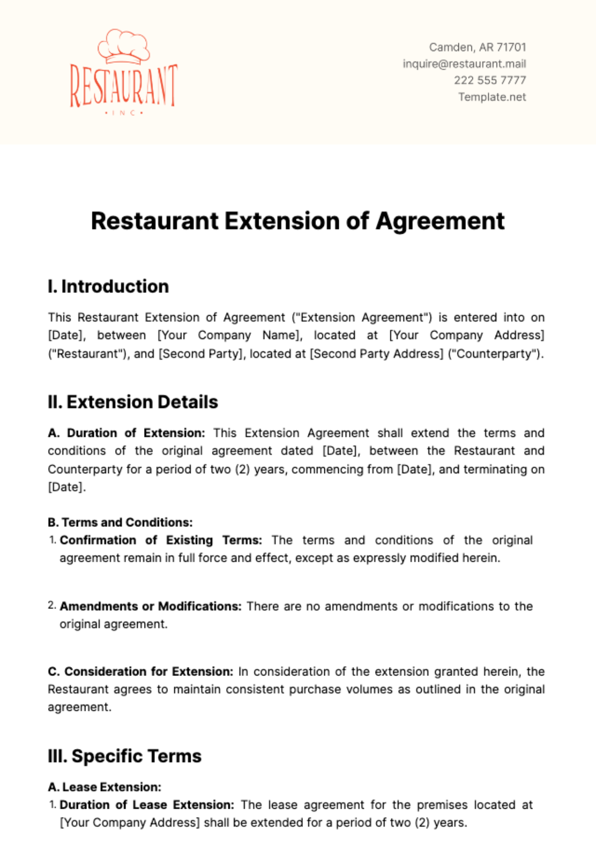 Restaurant Extension of Agreement Template - Edit Online & Download