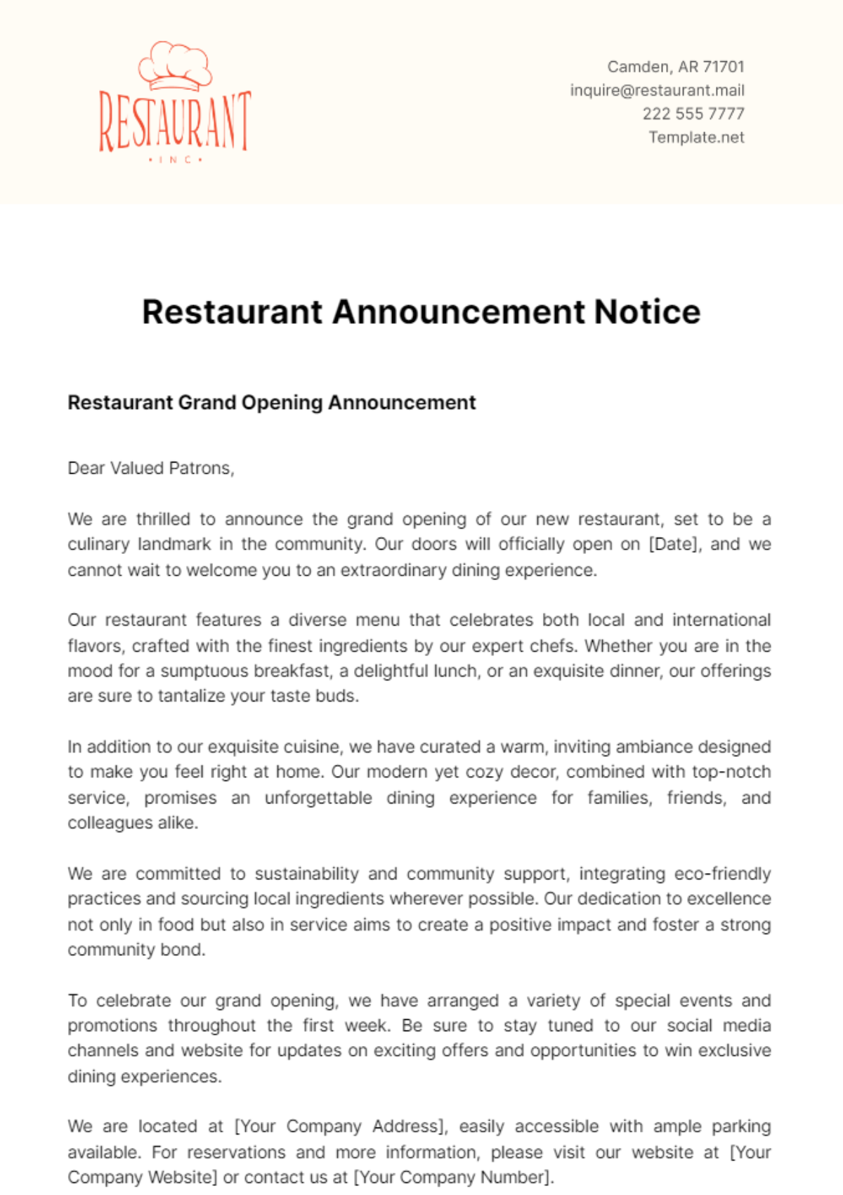 Free Restaurant Announcement Notice Template