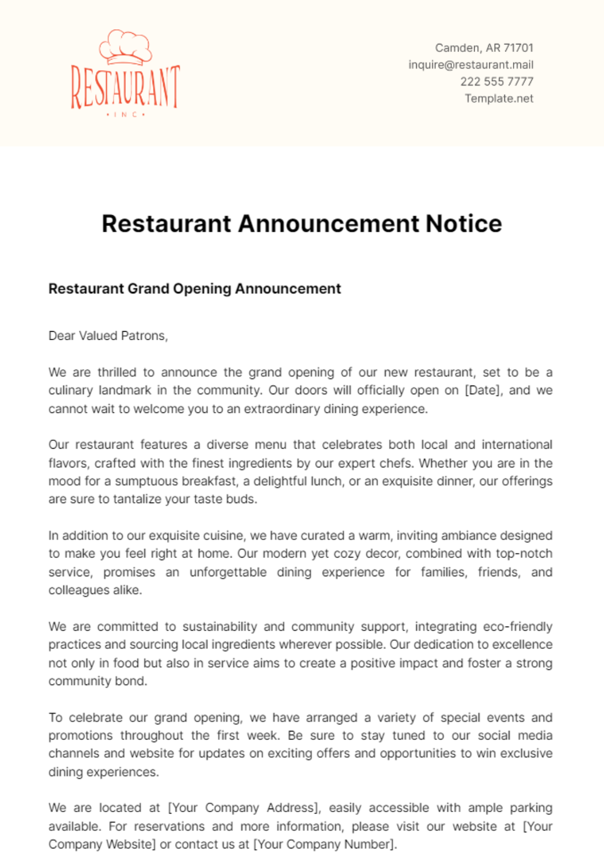 Restaurant Announcement Notice Template - Edit Online & Download