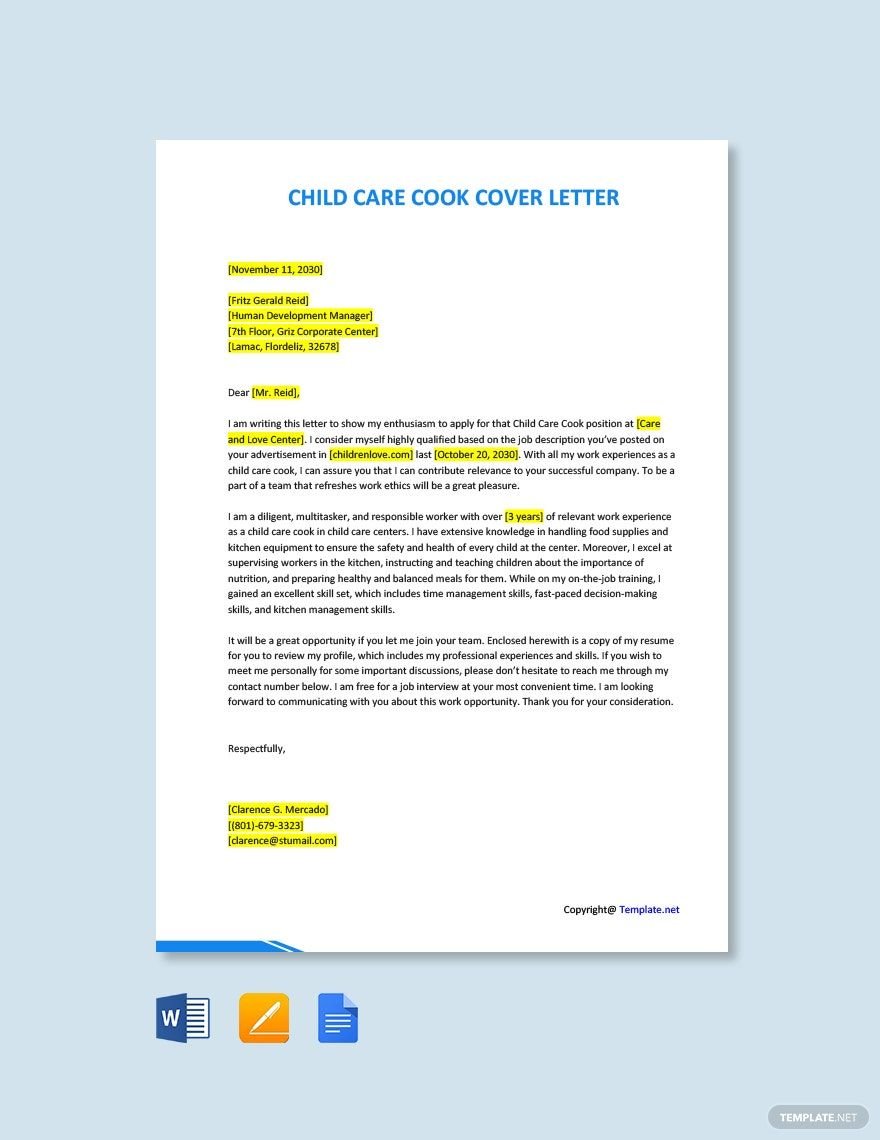 cover letter for child care cook