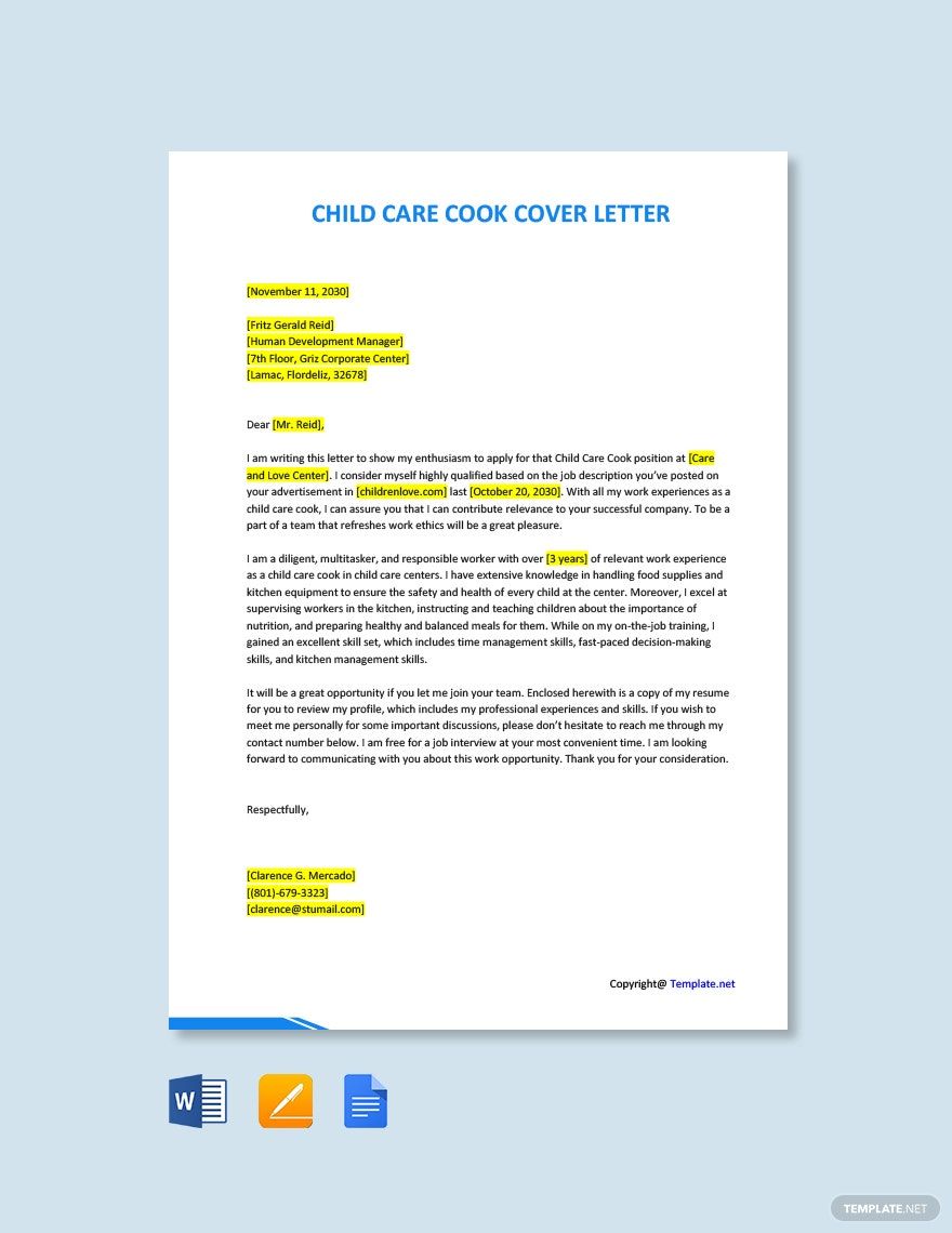 Child Care Cook Cover Letter In Word Pages PDF Google Docs   Child Care Cook Cover Letter 1 