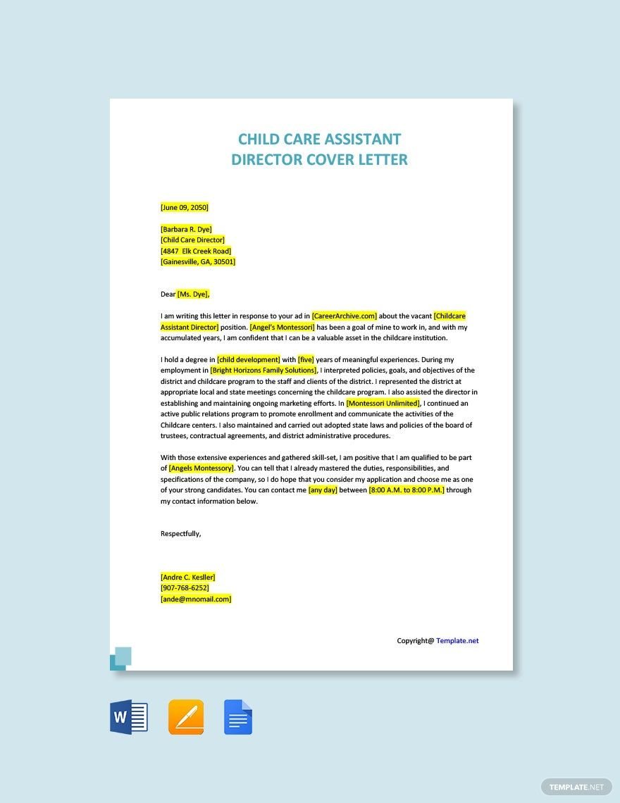 Child Care Assistant Director Cover Letter Template