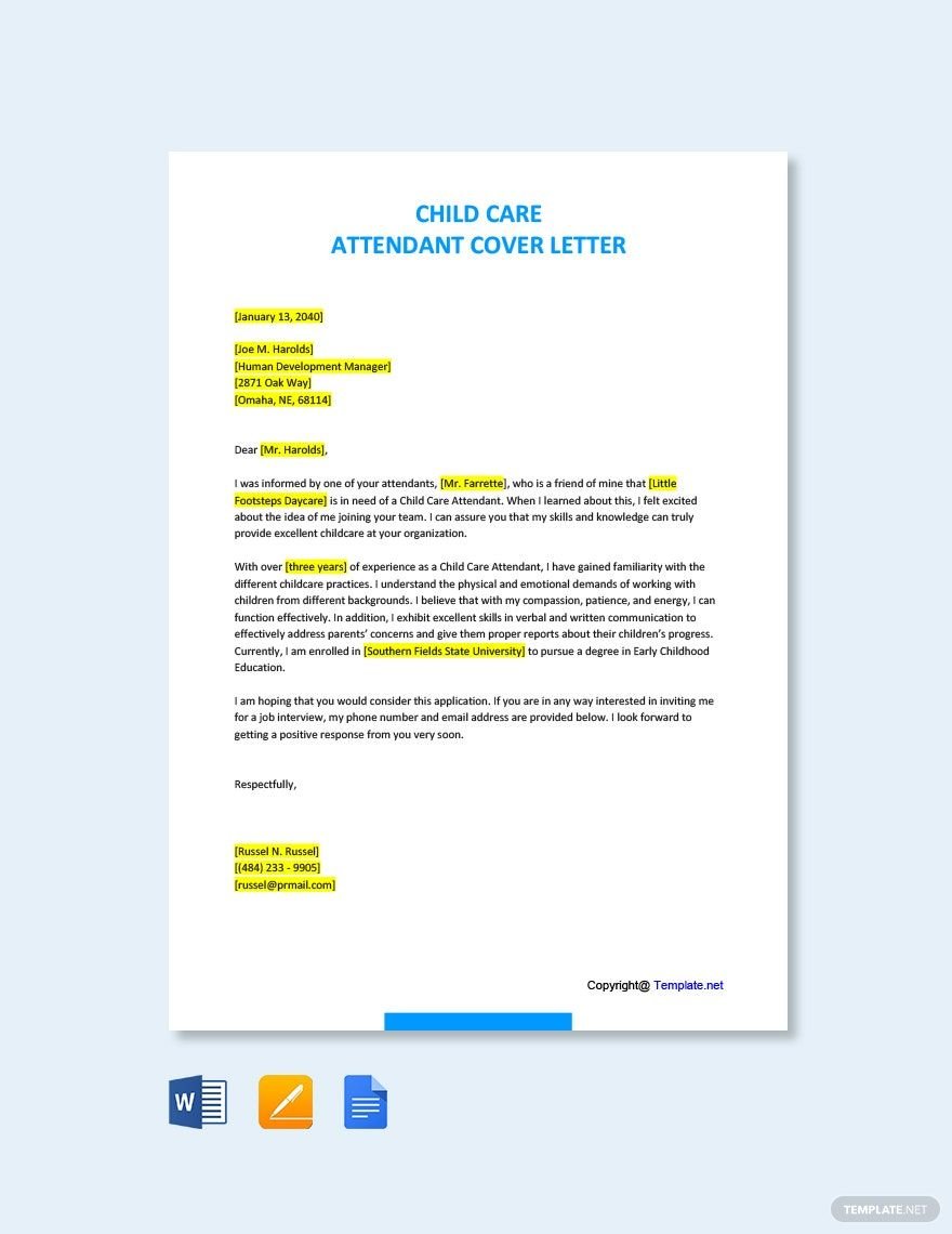 Free Child Care Attendant Cover Letter Template