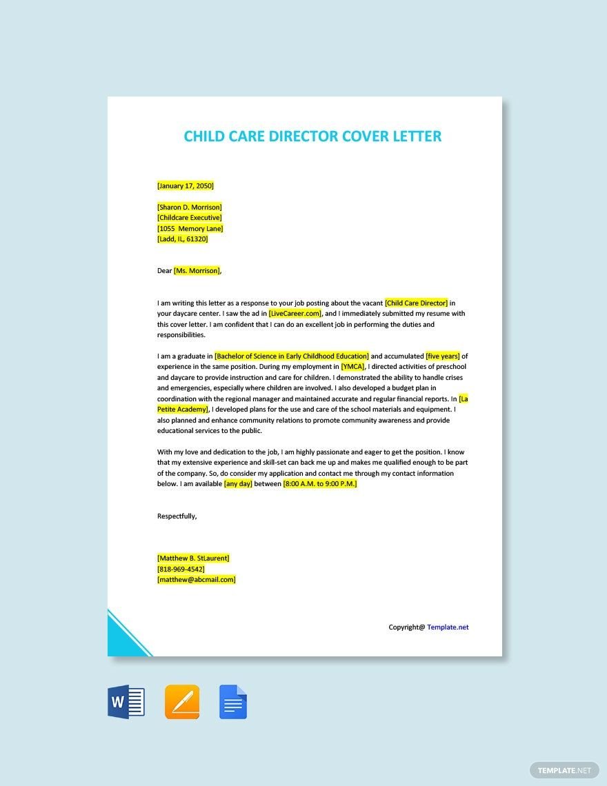 Free Child Care Director Cover Letter Template