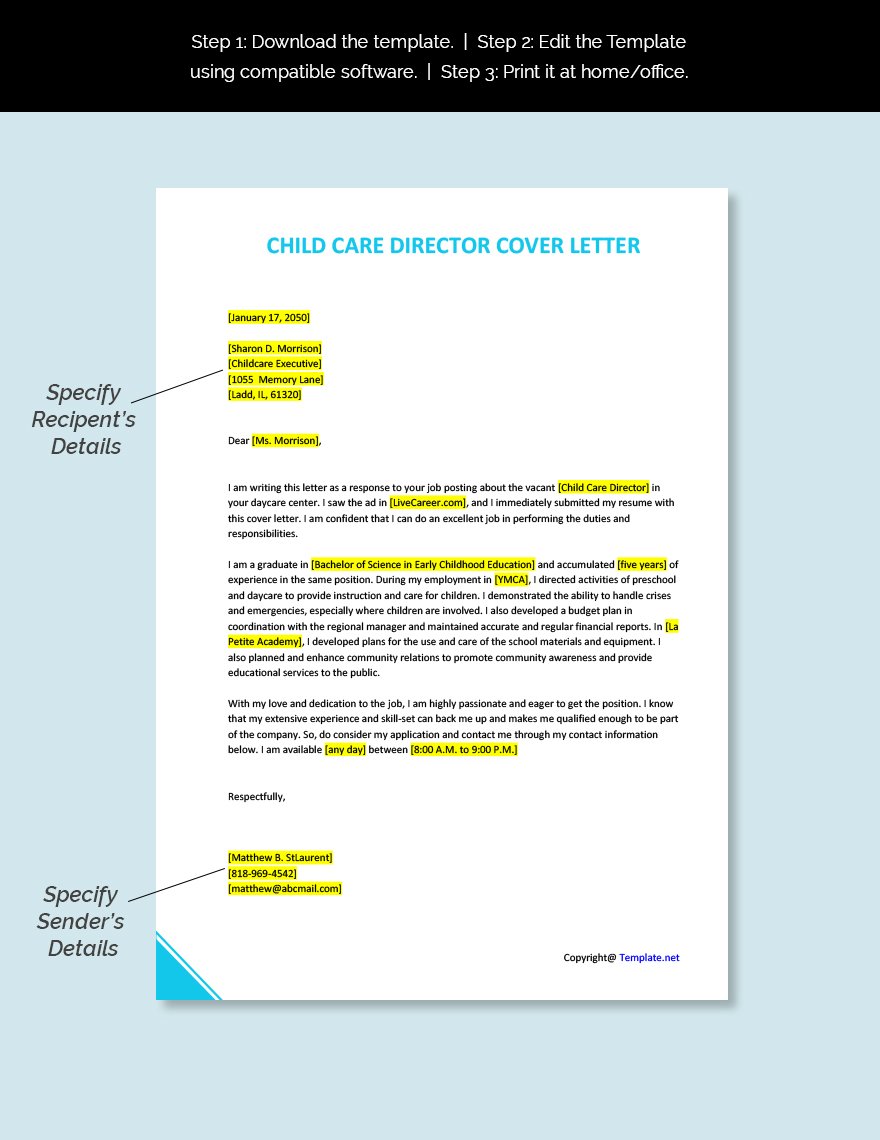 Child Care Director Cover Letter Template