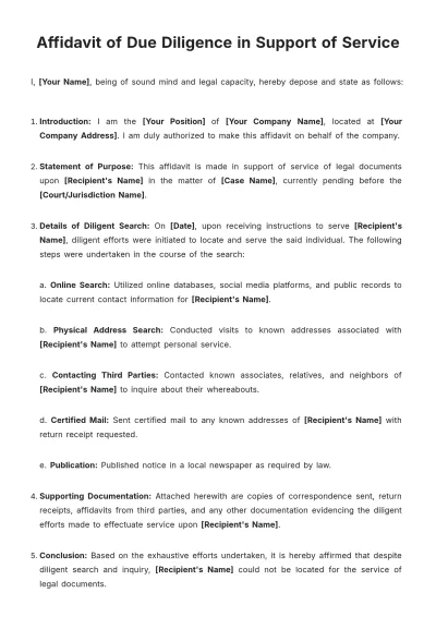 Free Affidavit Of Due Diligence In Support Of Service Template to Edit Online