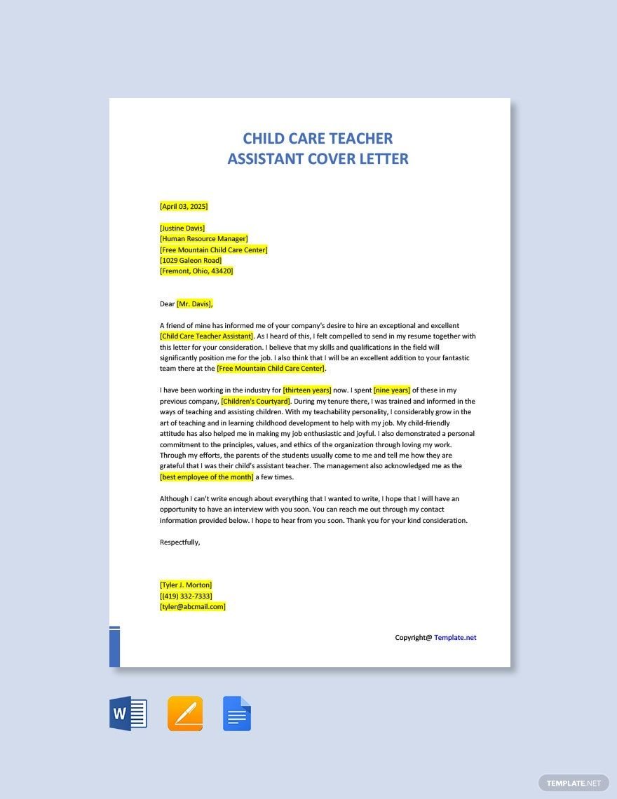 Free Child Care Teacher Assistant Cover Letter Template