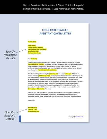 cover letter child care assistant