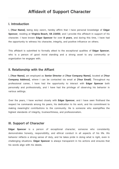 Free Affidavit of Support Character Template to Edit Online