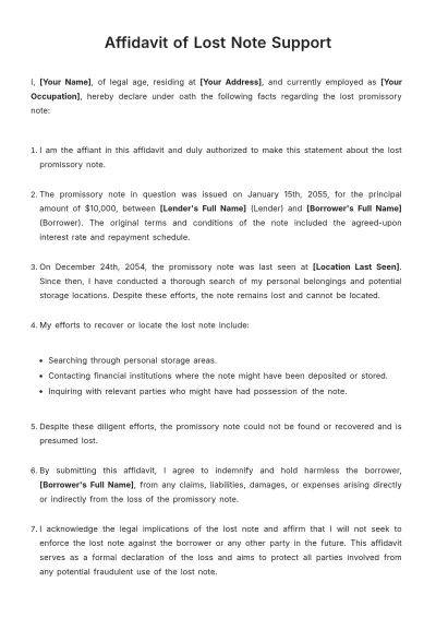 Free Affidavit Of Lost Note Support Template to Edit Online