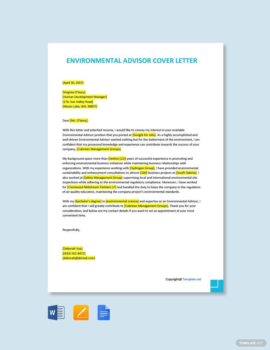 Environmental Advisor Cover Letter